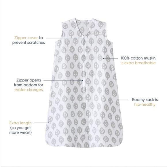 Sleepsack,  Cotton Muslin Wearable Blanket, Grey Tree Leaf, XL 18-24 Months - Picture 2 of 6